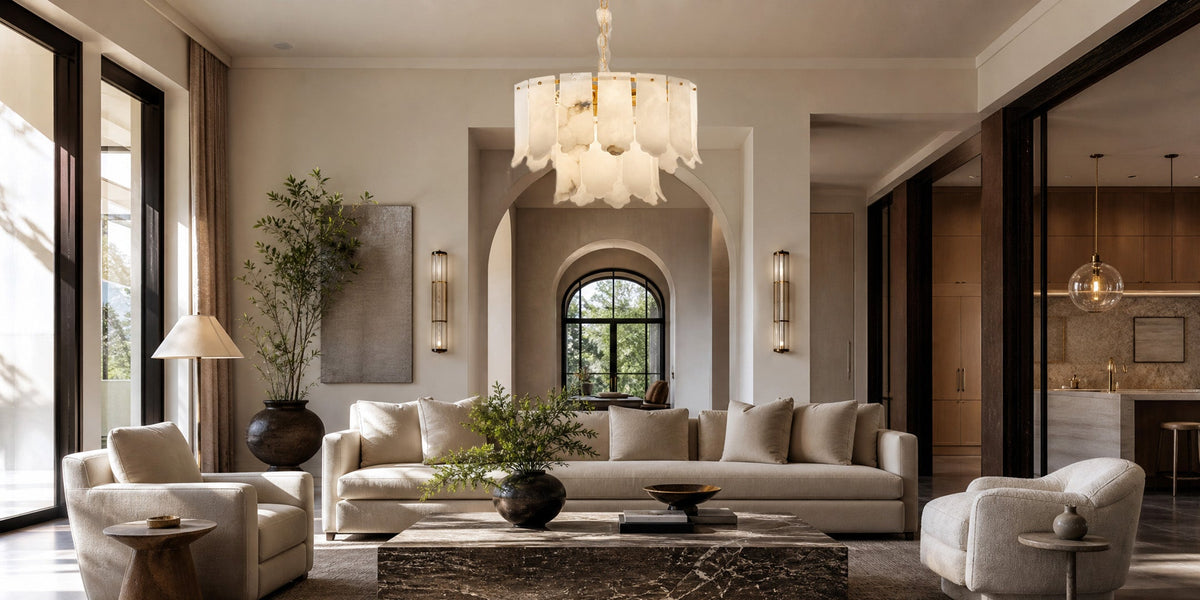 Living room with an alabaster ceiling fixture