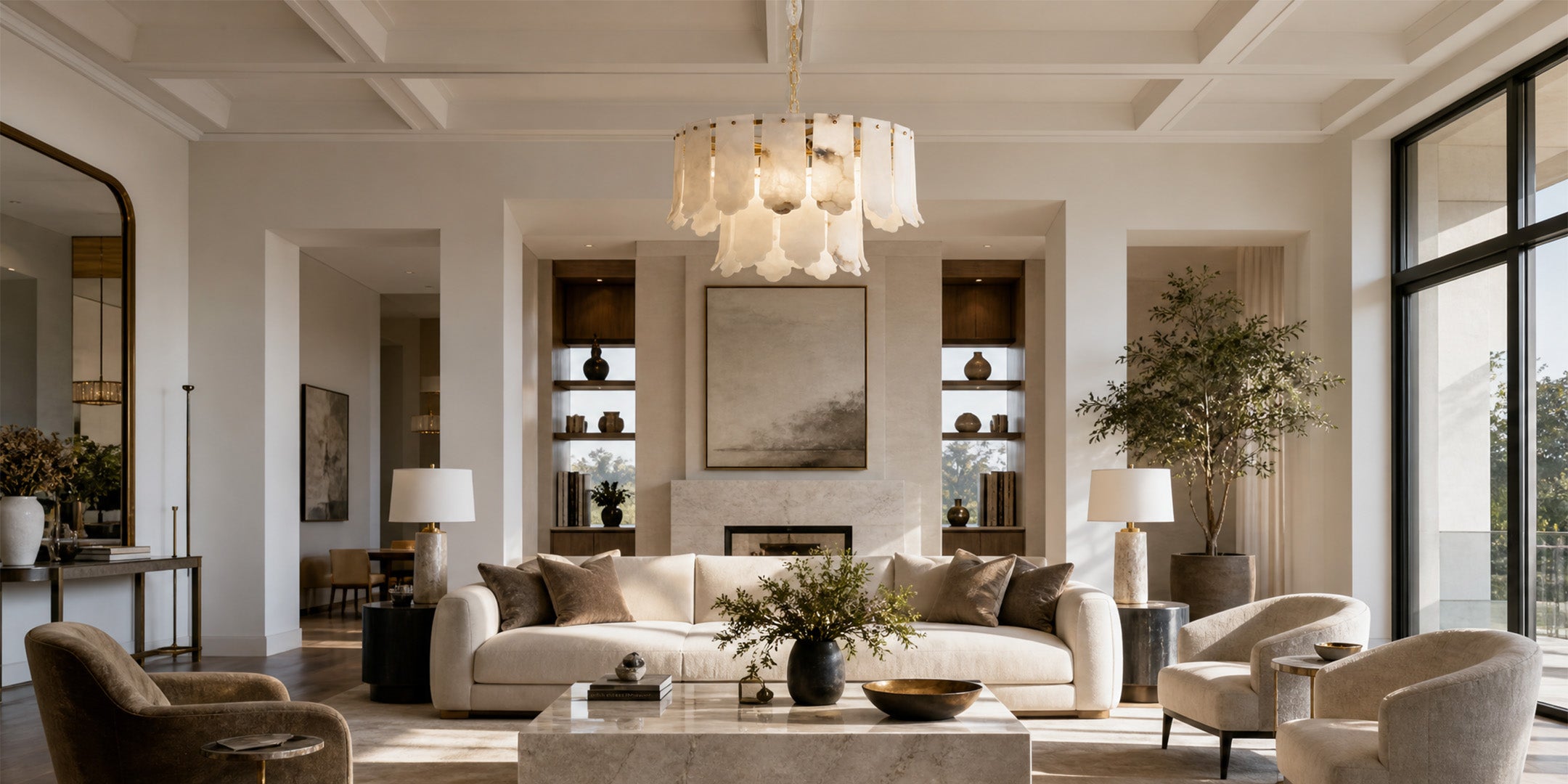 Living room with alabaster chandelier and table lamps
