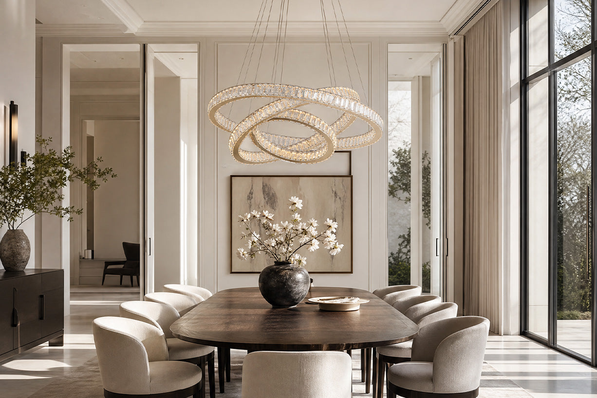 Gold crystal ring pendant above a dining table
