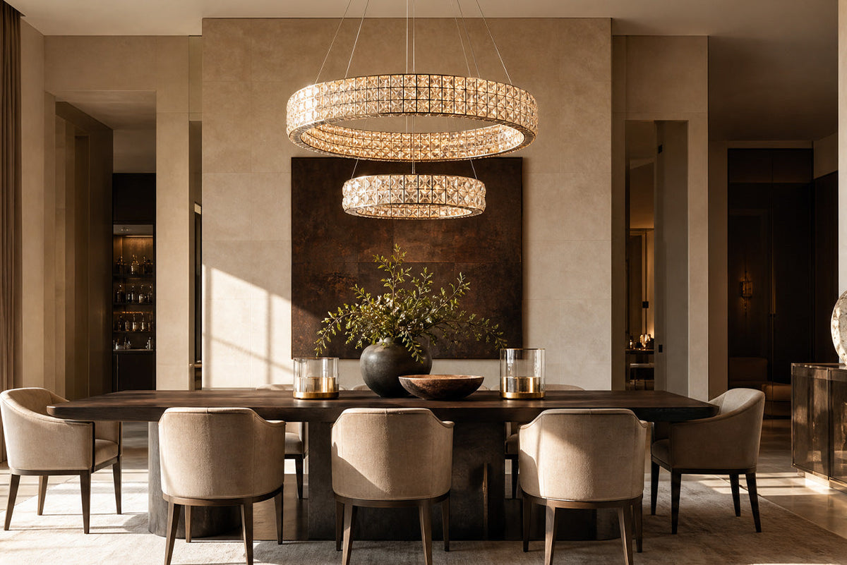 Warm-toned modern dining room with a crystal ring light