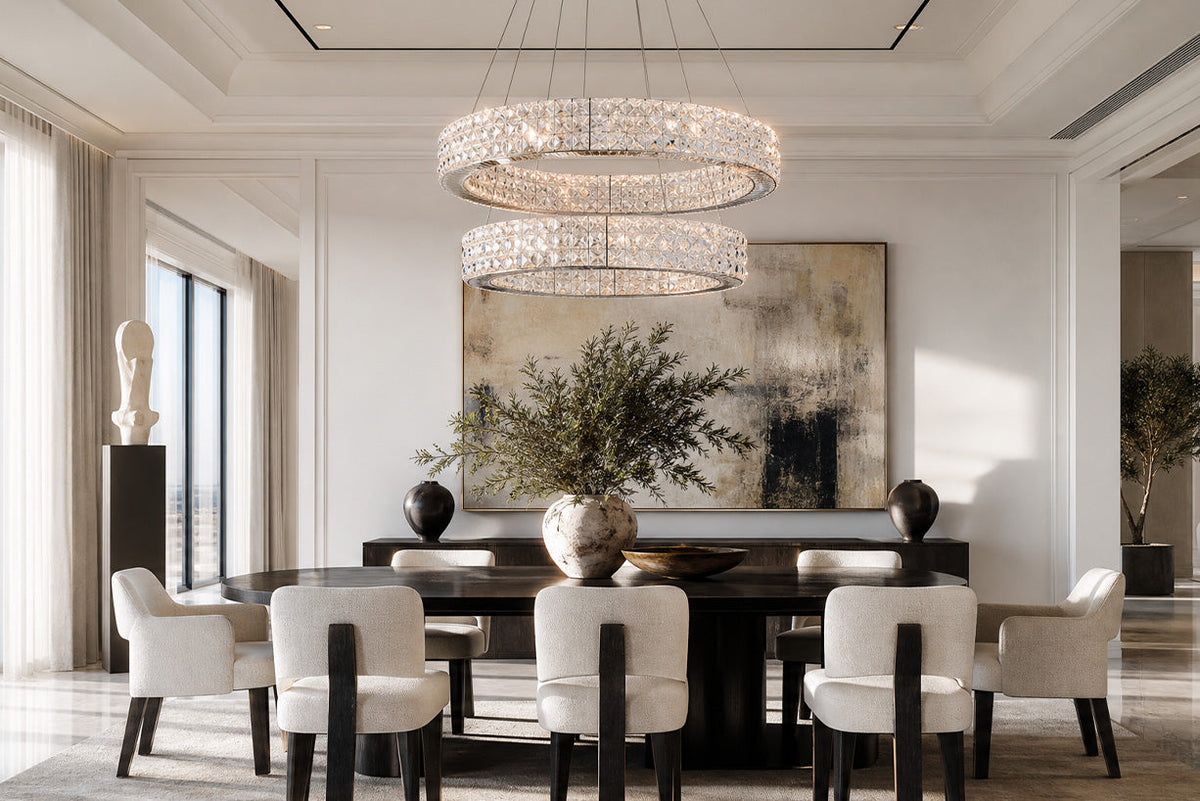 Two-tier crystal ring chandelier above a dining table