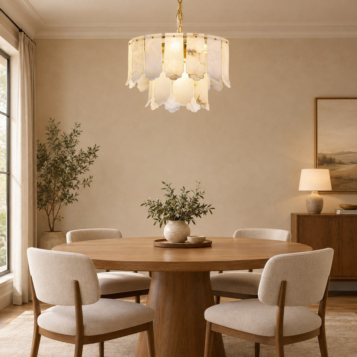 Alabaster chandelier above a round dining table